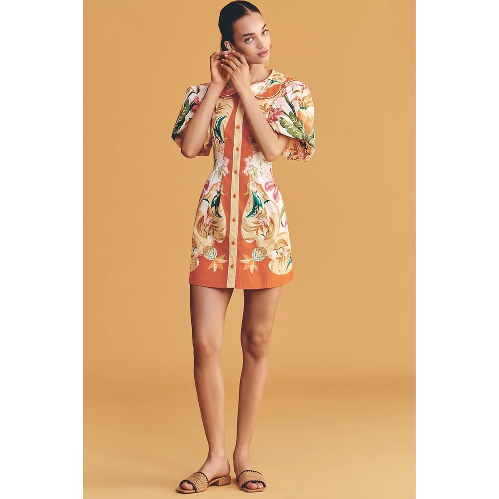 Farm Rio Talita Floral Puff Sleeve Mini Dress Orange Button Front XS NEW - Picture 2 of 14